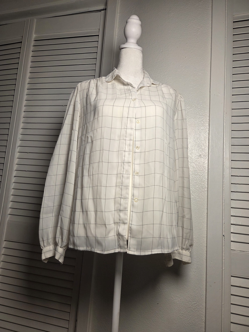 Lightweight Windowpane Button-Down Blouse in Ivory
